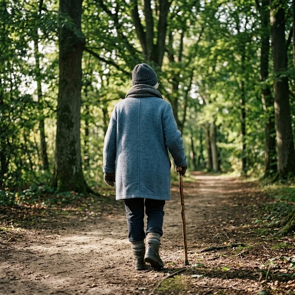 Activité physique après 70 ans : une femme senior marche d'un bon pas en forêt
