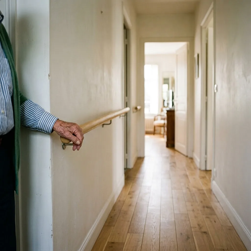 Adapter son logement pour un senior : une main courante posée le long d'un couloir