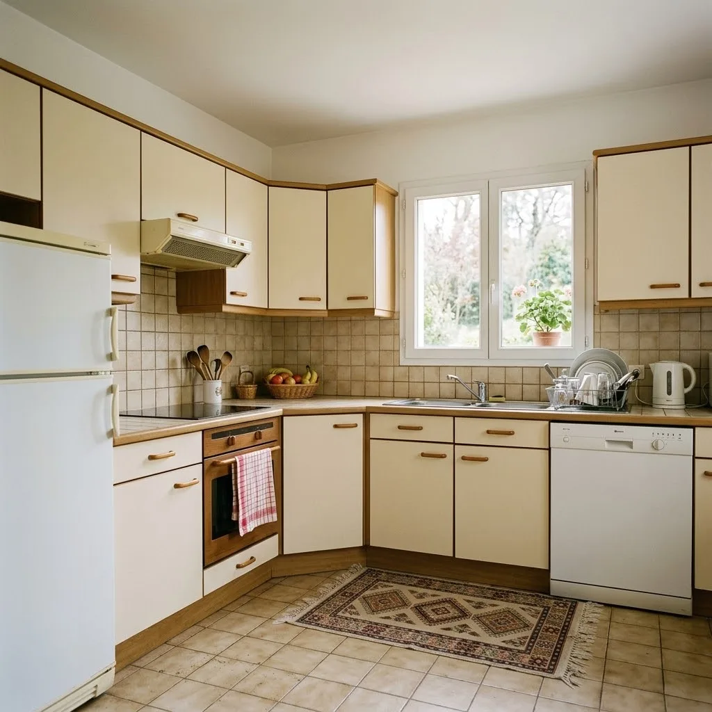 Aménagement d’une cuisine PMR, avant : cuisine en L à placards bas fermés, four sous les plaques, meubles hauts sous le plafond, tapis devant l’évier