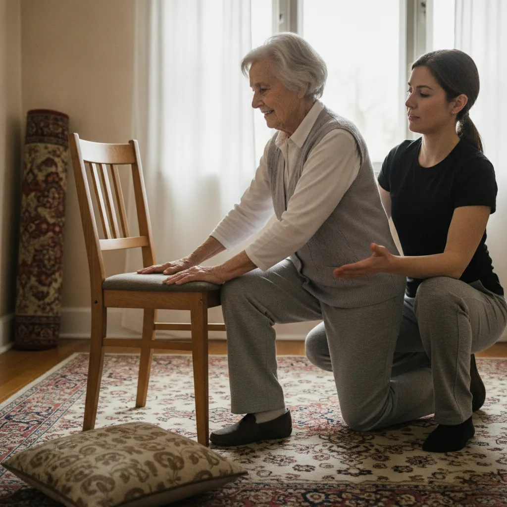 Peur de tomber après une chute : une femme de 80 ans s'entraîne à se relever avec une chaise, guidée par une kinésithérapeute