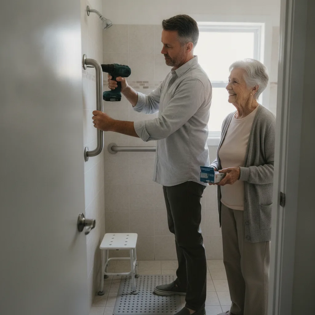 Peur de tomber personne âgée : un fils visse une barre d'appui dans la douche de sa mère