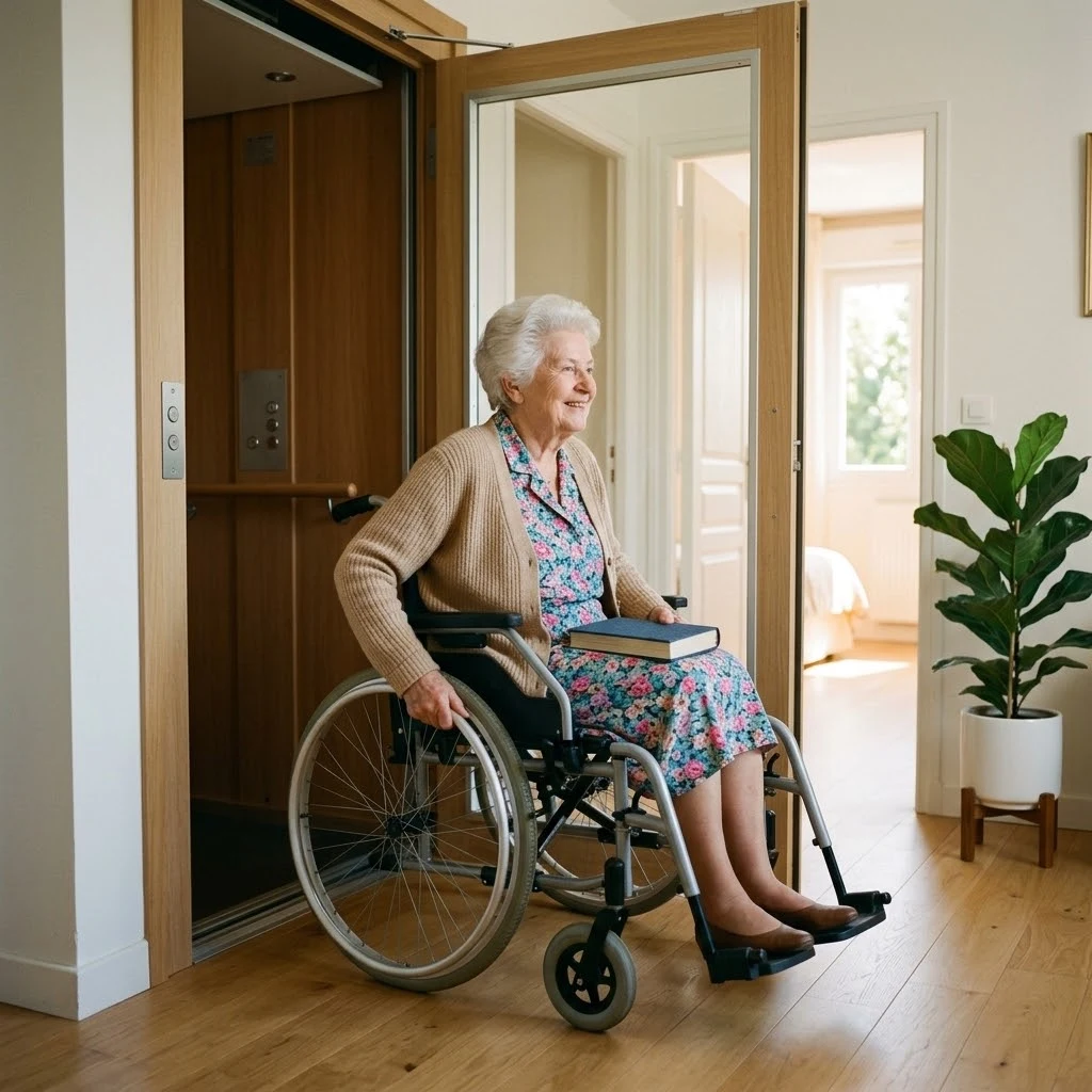 Ascenseur privatif pour fauteuil roulant : une femme âgée souriante sort de la cabine en bois à l’étage de sa maison, un livre sur les genoux