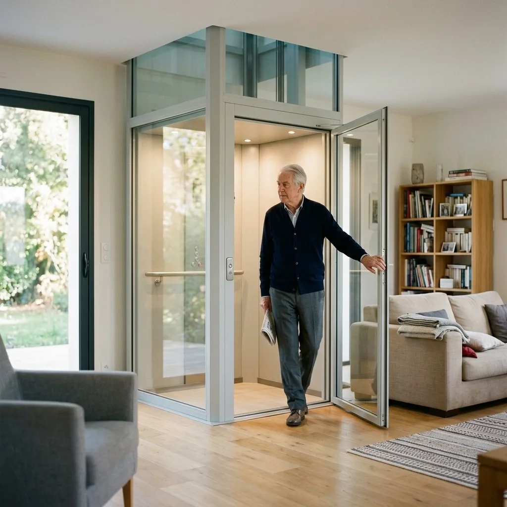 Ascenseur privatif de maison à porte vitrée dans un salon : homme senior qui en sort, un journal sous le bras