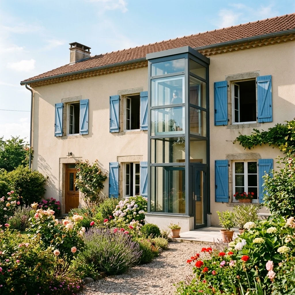 Ascenseur de maison extérieur : pylône vitré posé contre la façade d’une maison aux volets bleus, une porte à chaque niveau, jardin fleuri devant