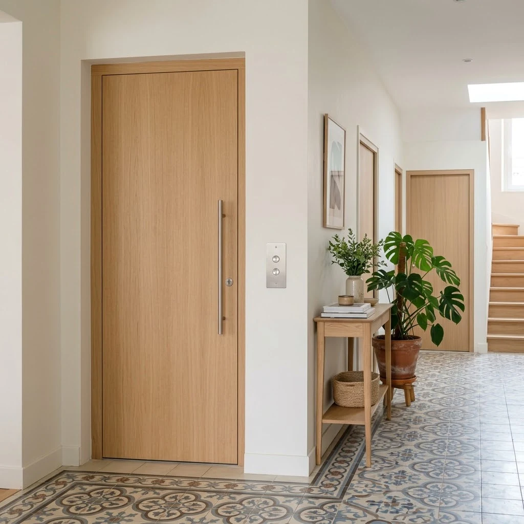 Ascenseur privatif à gaine maçonnée : seule la porte palière en bois clair se voit dans le couloir, avec son boîtier d’appel