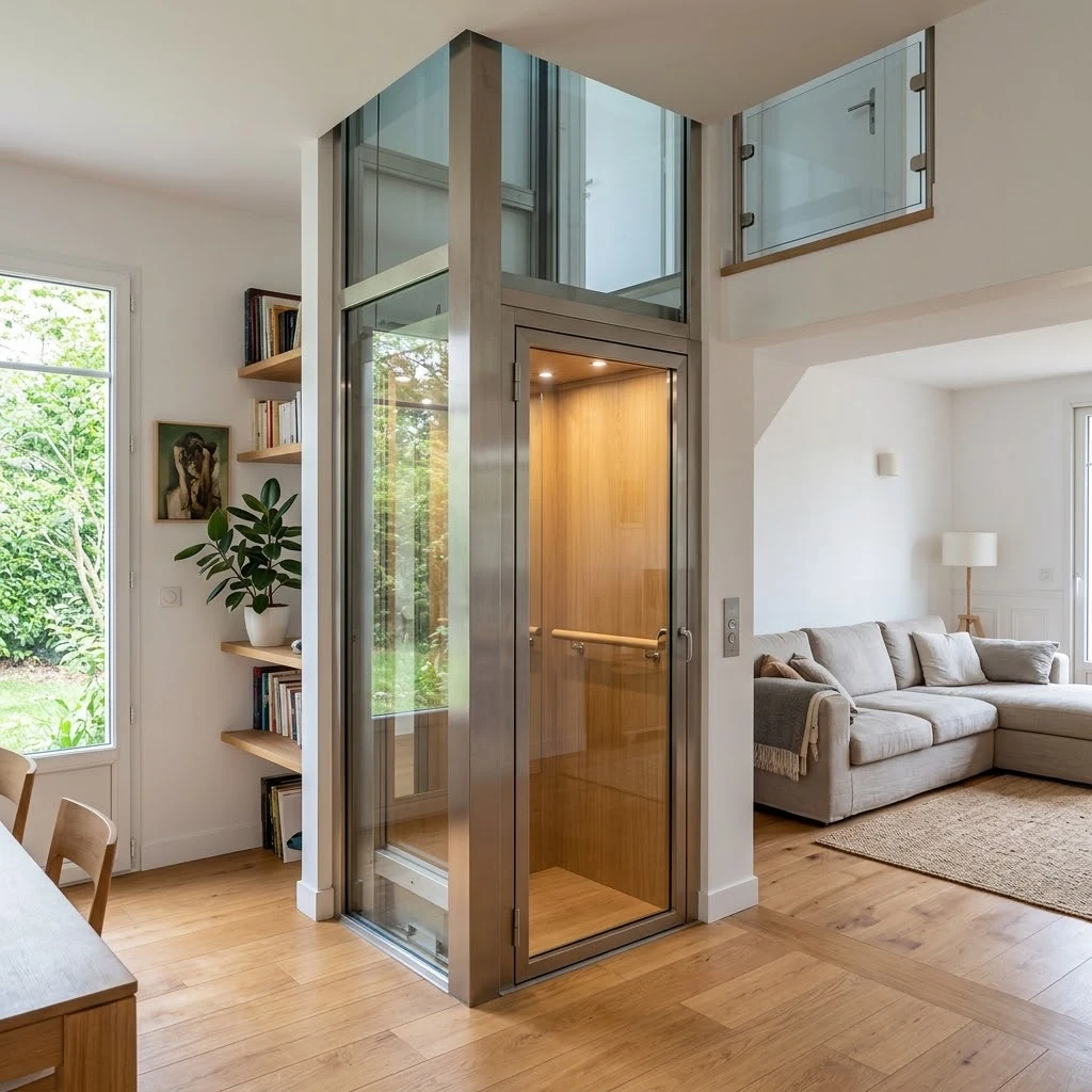 Mini-ascenseur 1 étage pour particulier : petite cabine en bois dans un pylône vitré, à l’angle d’un séjour, moins d’un mètre carré au sol