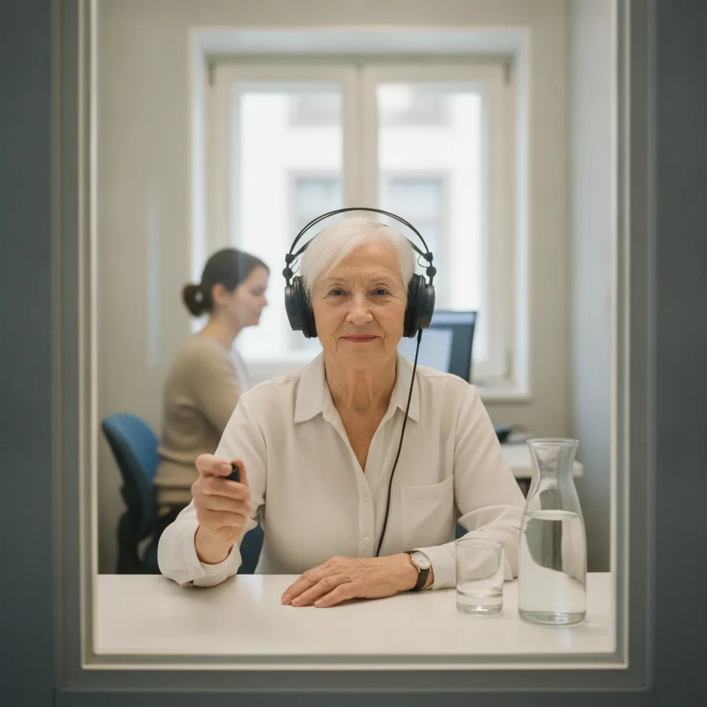 Perte d'audition personne âgée : une femme senior passe un test auditif, un casque sur les oreilles, un bouton en main
