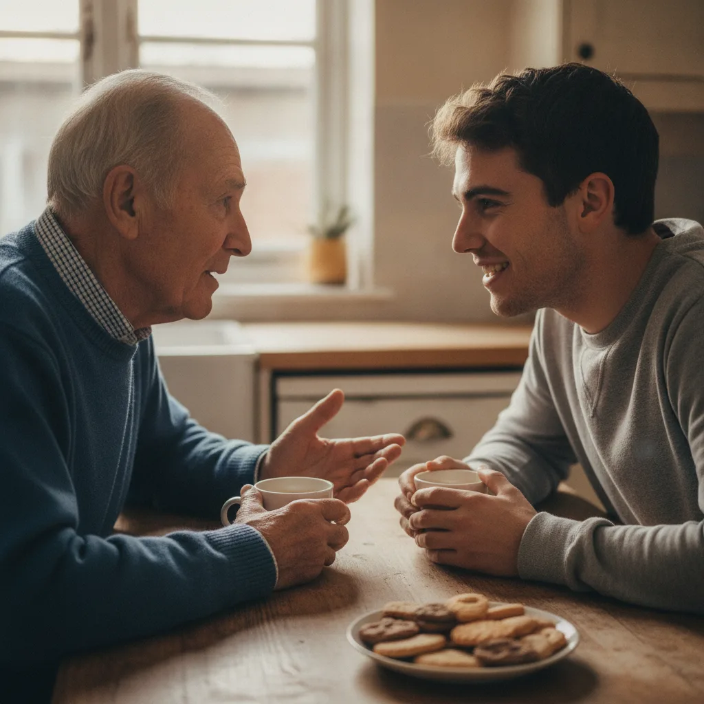 Perte d'audition après 70 ans : un grand-père de 80 ans et son petit-fils discutent assis très près l'un de l'autre