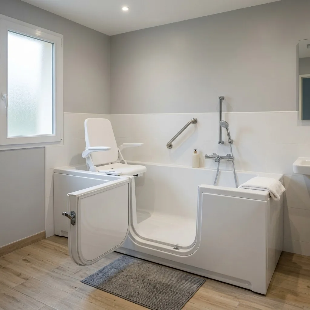 Baignoire à porte couchée, porte ouverte sur la cuve où l’on s’allonge, siège de relevage motorisé en position haute, télécommande posée sur l’accoudoir