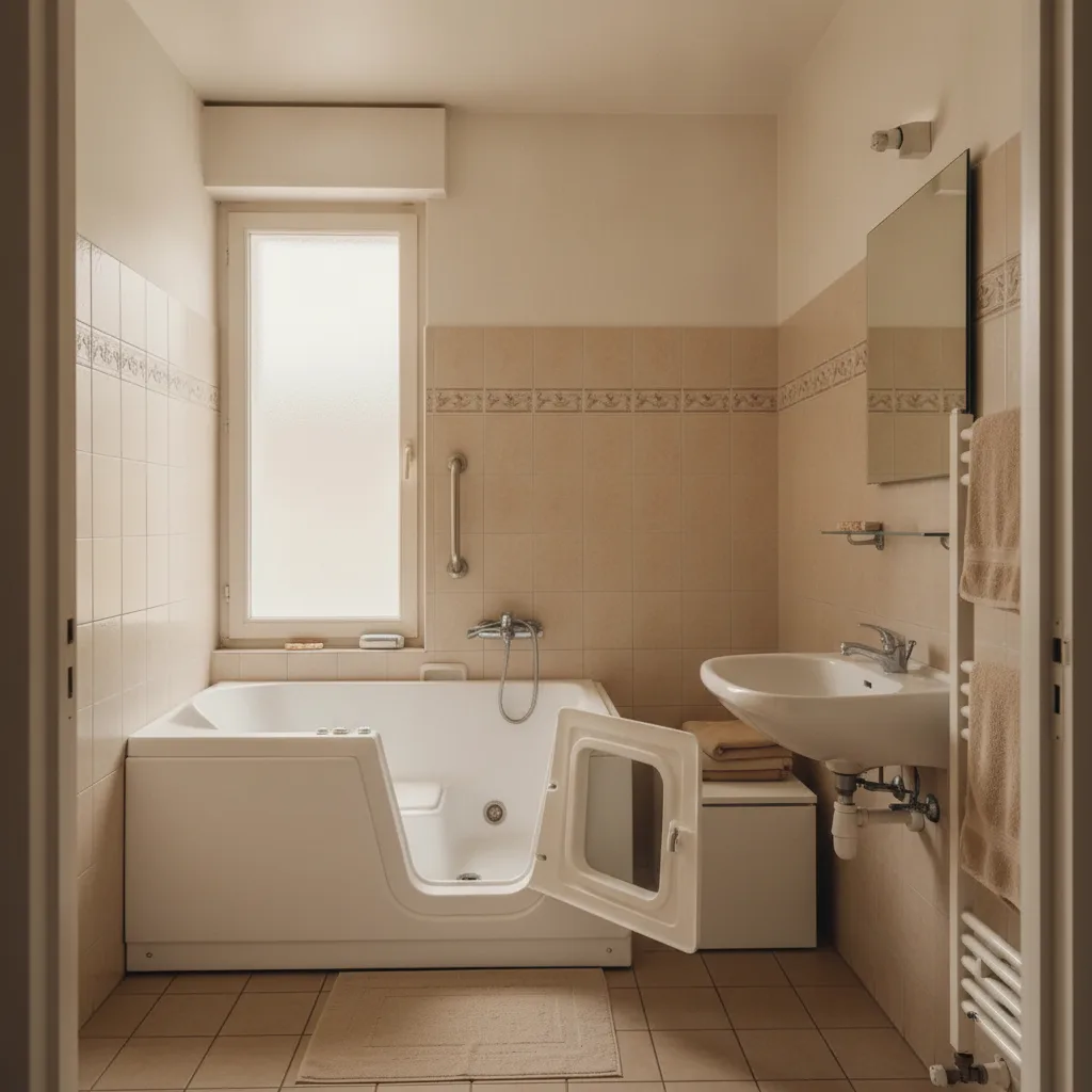 Installation d’une baignoire à porte, après : la même salle de bain avec une baignoire sabot à porte ouverte sur son siège, barre d’appui et mitigeur thermostatique