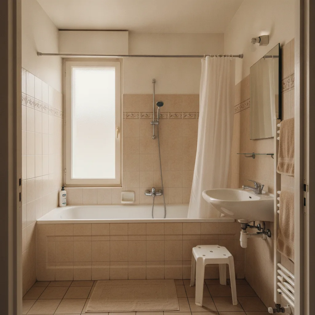 Installation d’une baignoire à porte, avant : la salle de bain avec sa baignoire classique à rebord haut, rideau de douche et tabouret en plastique