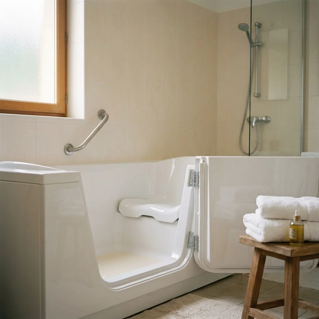 Baignoire à porte pour senior, porte latérale ouverte sur le siège intégré, barre d'appui au mur et douche attenante