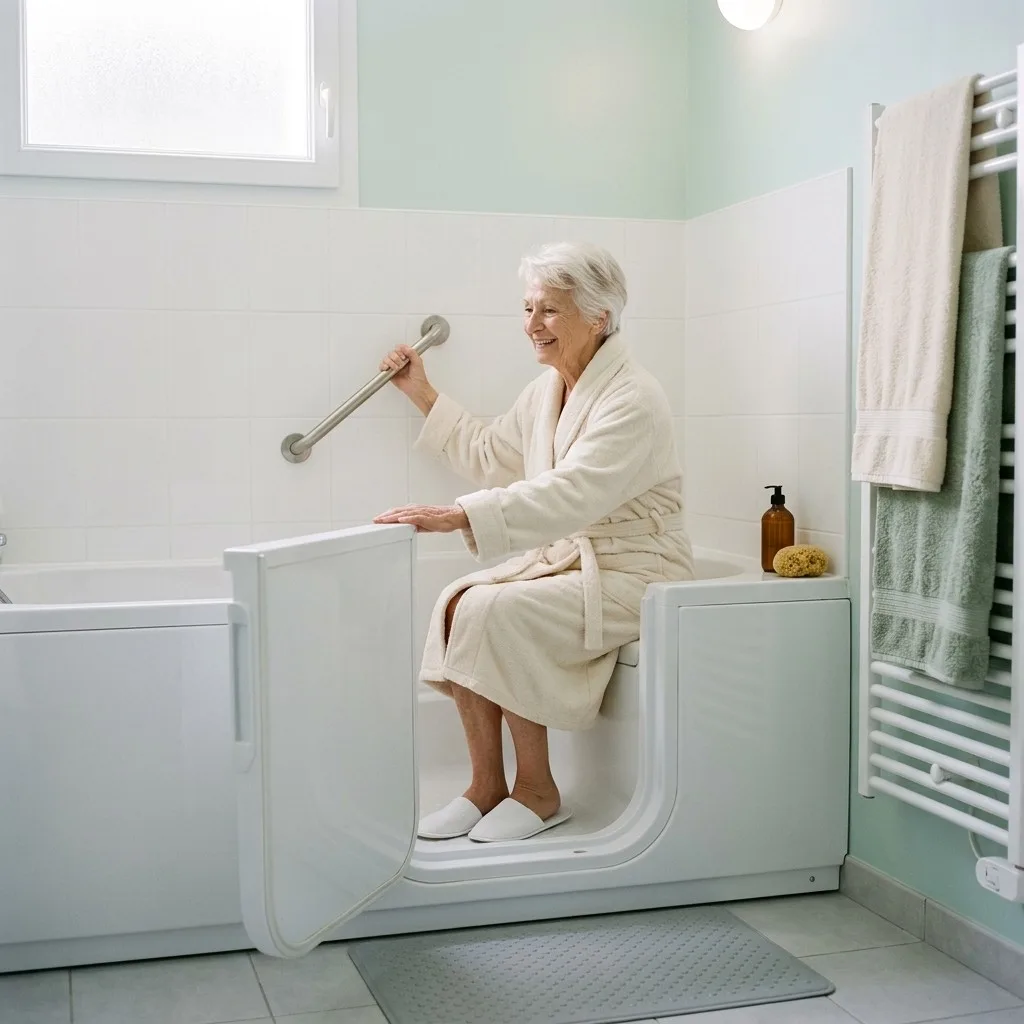Baignoire avec porte pour senior : une femme âgée en peignoir assise sur le siège intégré, la porte ouverte, une main sur la barre d’appui