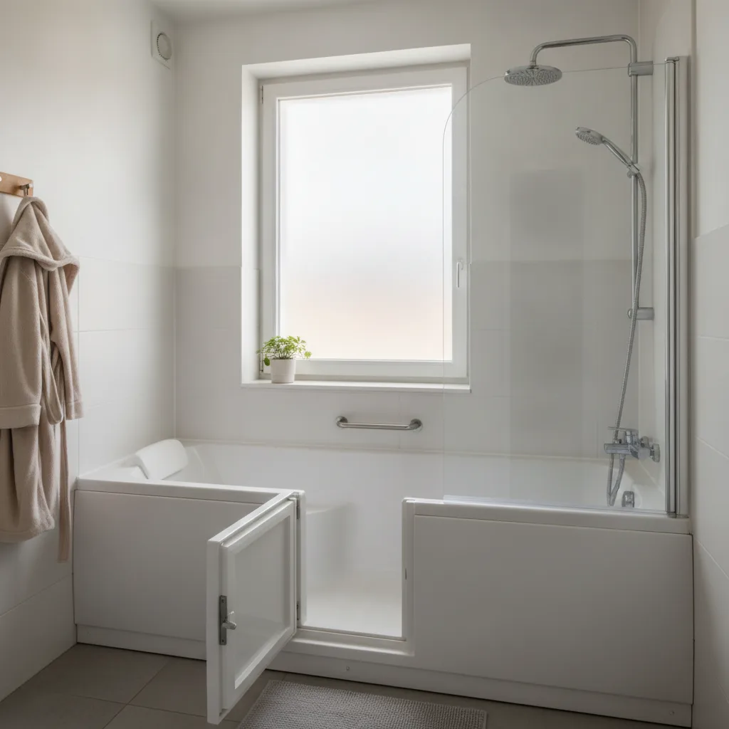 Baignoire douche avec porte, longue comme une baignoire classique, porte ouverte au milieu, colonne de douche et pare-douche en verre à une extrémité