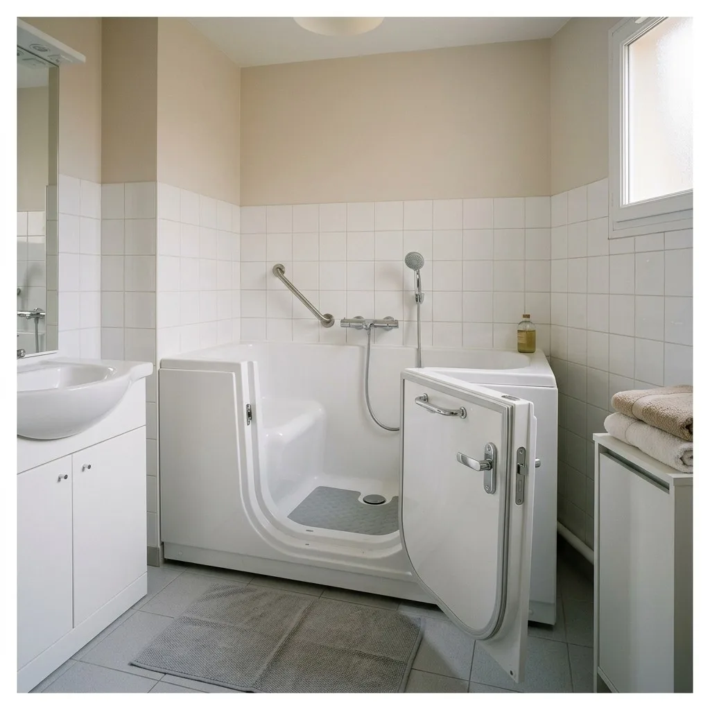 Baignoire sabot avec porte dans une petite salle de bain, porte ouverte sur le siège préformé, barre d’appui et mitigeur au mur
