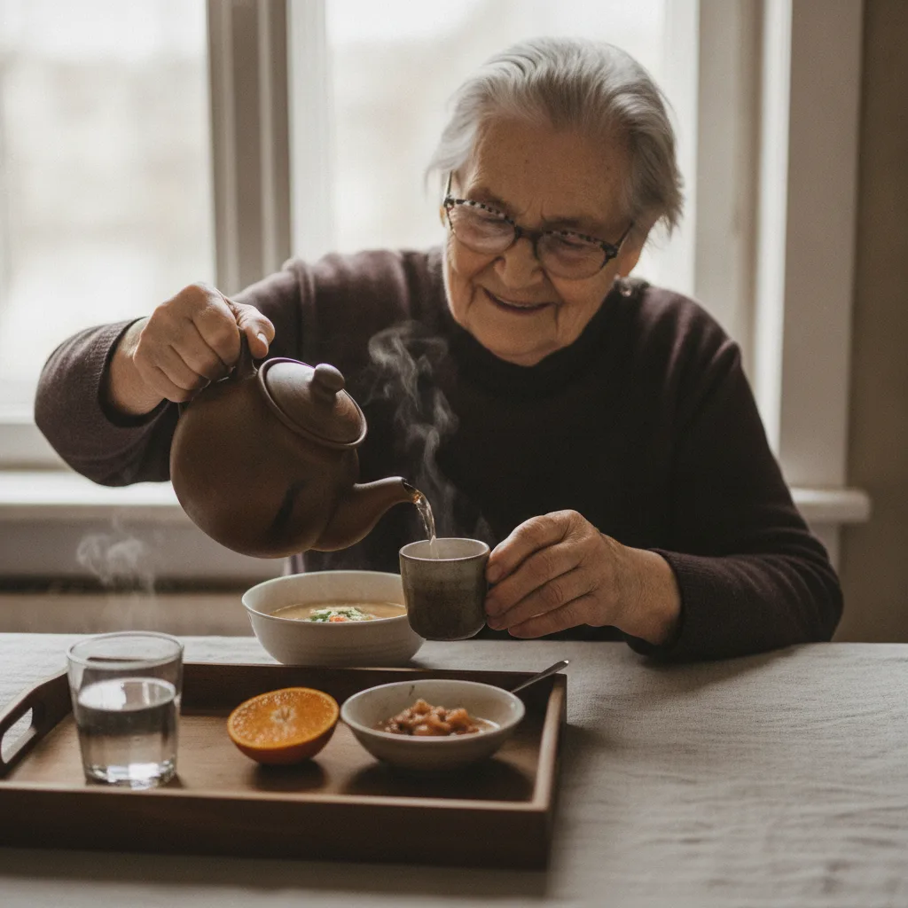 Déshydratation personne âgée : une femme de 80 ans se verse du thé d'une théière en faïence