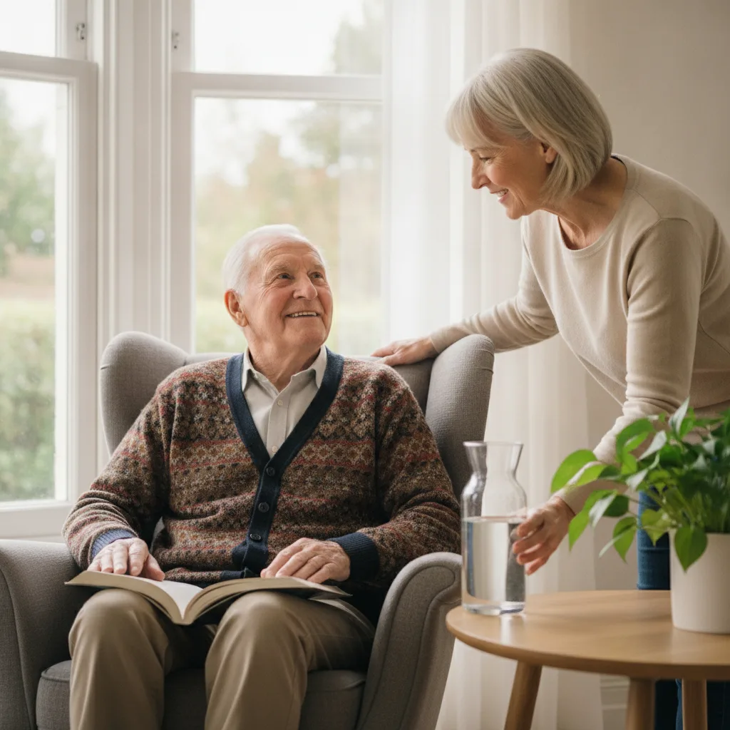 Déshydratation après 70 ans : une aide pose un grand verre d'eau près du fauteuil d'un homme de 85 ans