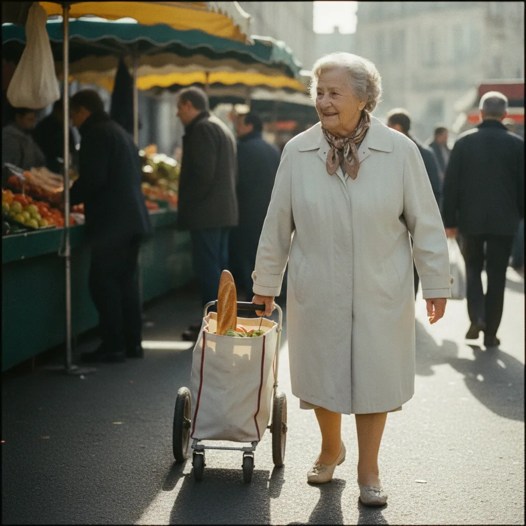 Exercice pour les jambes d'une personne âgée : une femme de 80 ans marche d'un bon pas en tirant son chariot de courses