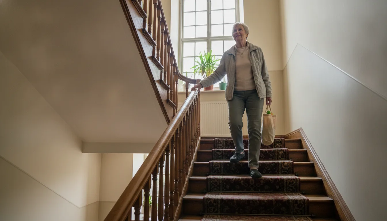 Renforcer les jambes après 70 ans : une femme senior monte l'escalier d'un pas décidé, la main sur la rampe, un sac de courses au bras