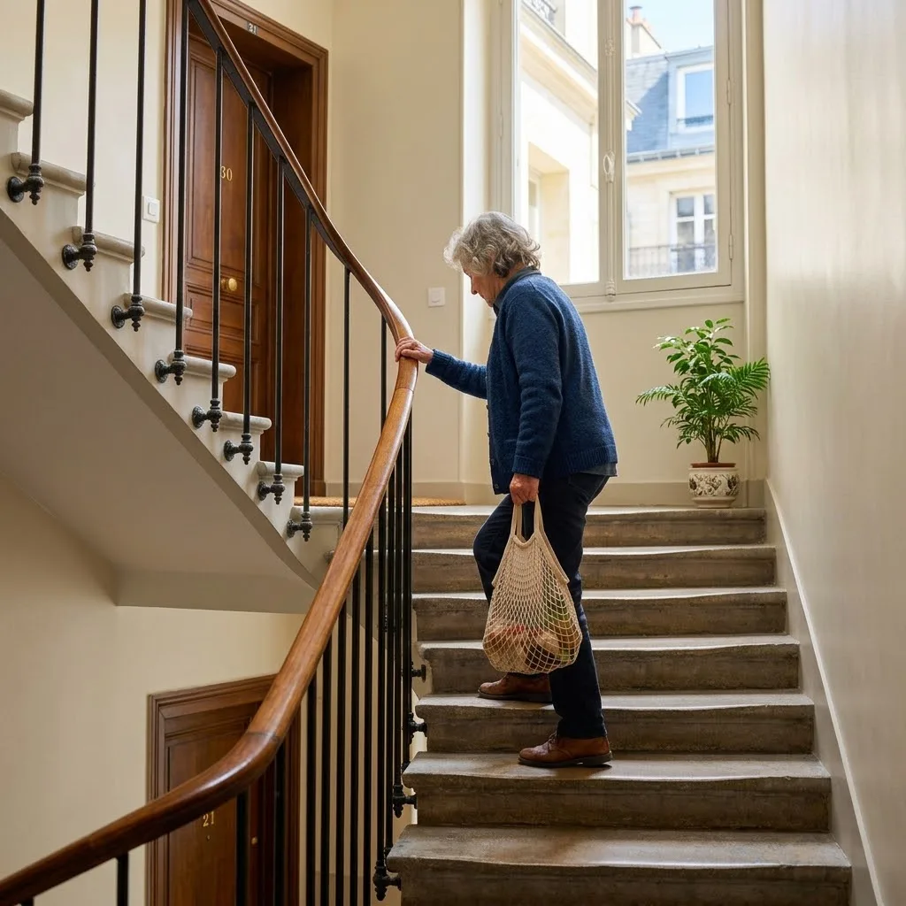 Renforcer les jambes après 70 ans sans sport : une femme senior monte l'escalier de son immeuble en tenant la rampe