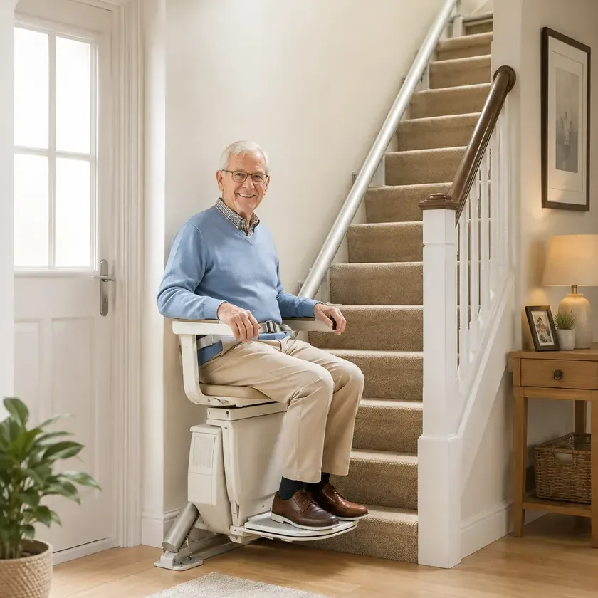 Choisir son monte-escalier : homme senior installé sur le siège, accoudoirs et repose-pieds