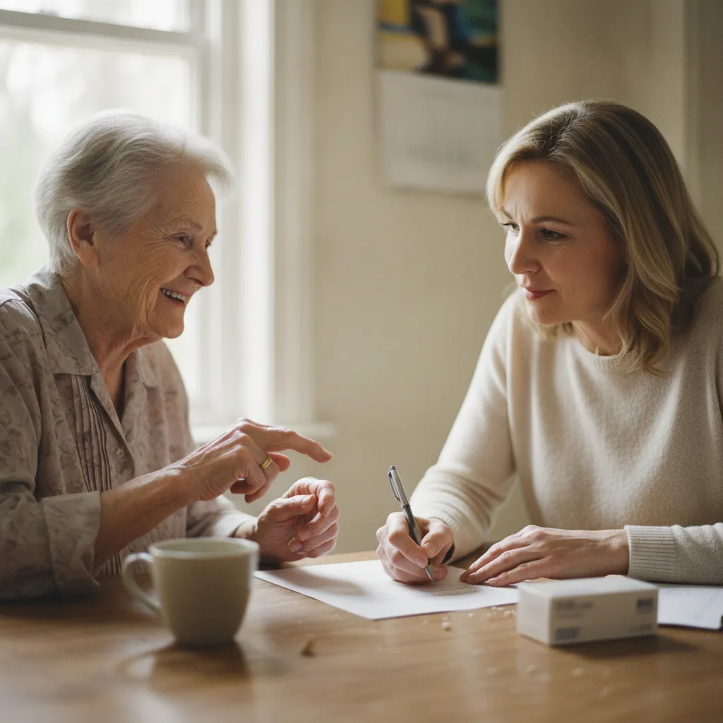 Savoir si je suis encore autonome : une mère de 80 ans compte sur ses doigts en parlant avec sa fille