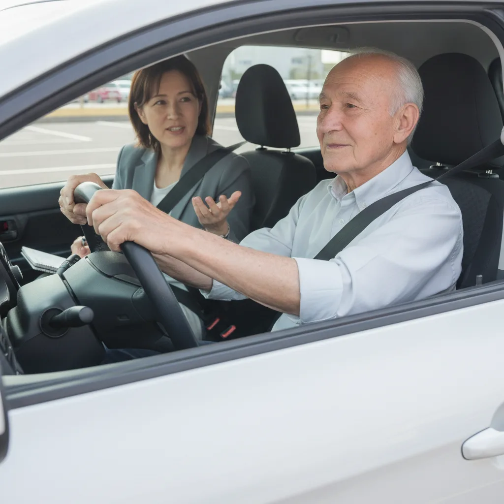 Conduire à 80 ans, savoir si on est encore apte : un homme âgé au volant, une monitrice d'auto-école assise à côté de lui sur un parking