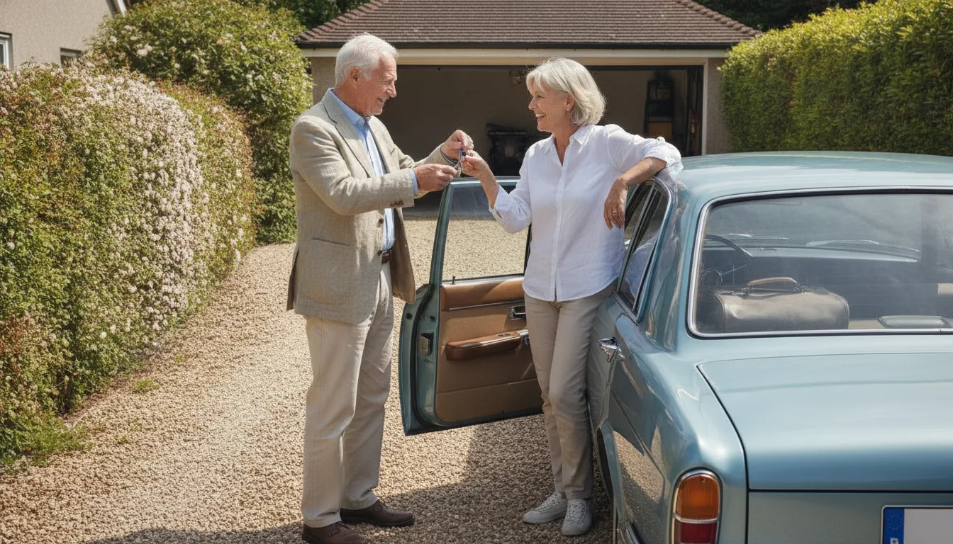 Conduire à 80 ans : un homme âgé tend ses clés de voiture à sa fille dans l'allée du pavillon