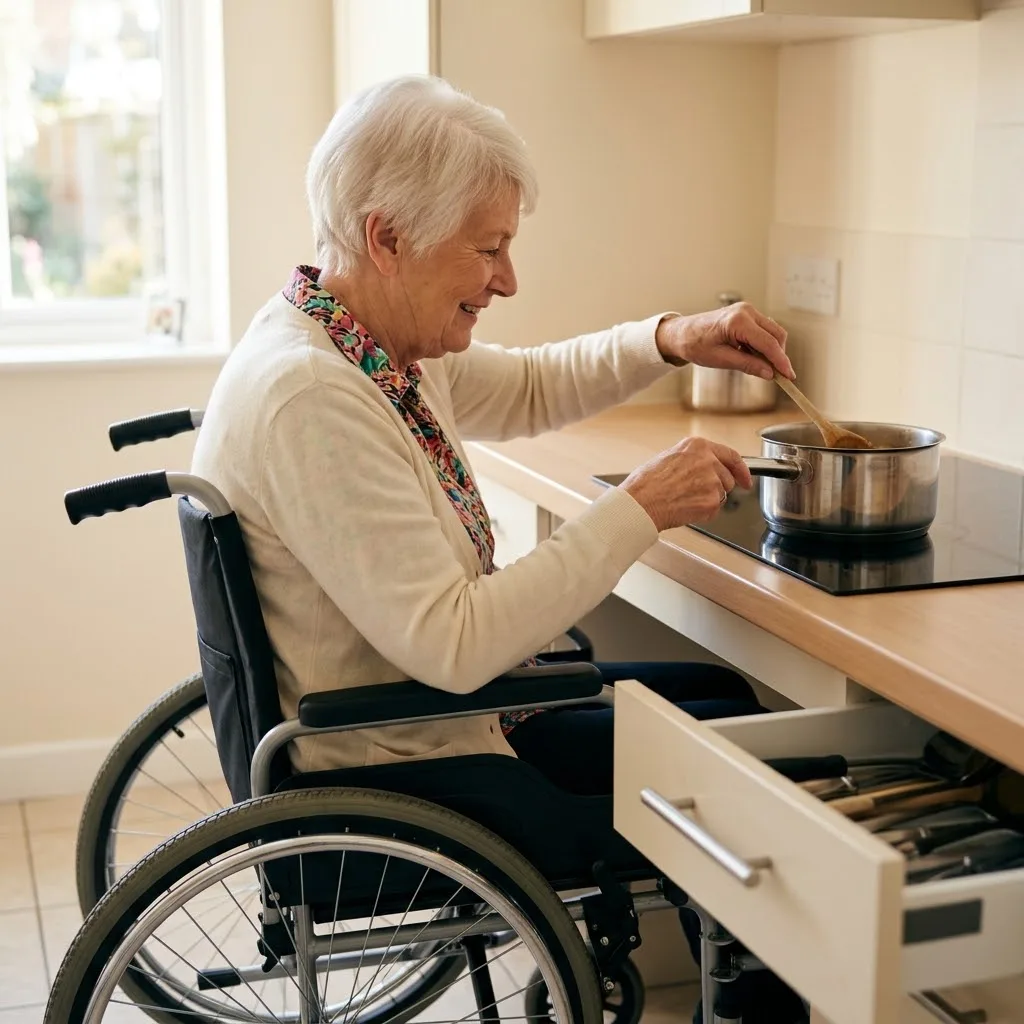 Cuisine adaptée au fauteuil roulant : une femme âgée souriante remue une casserole sur des plaques à induction, les genoux sous le plan de travail abaissé, un tiroir à pleine sortie ouvert à côté