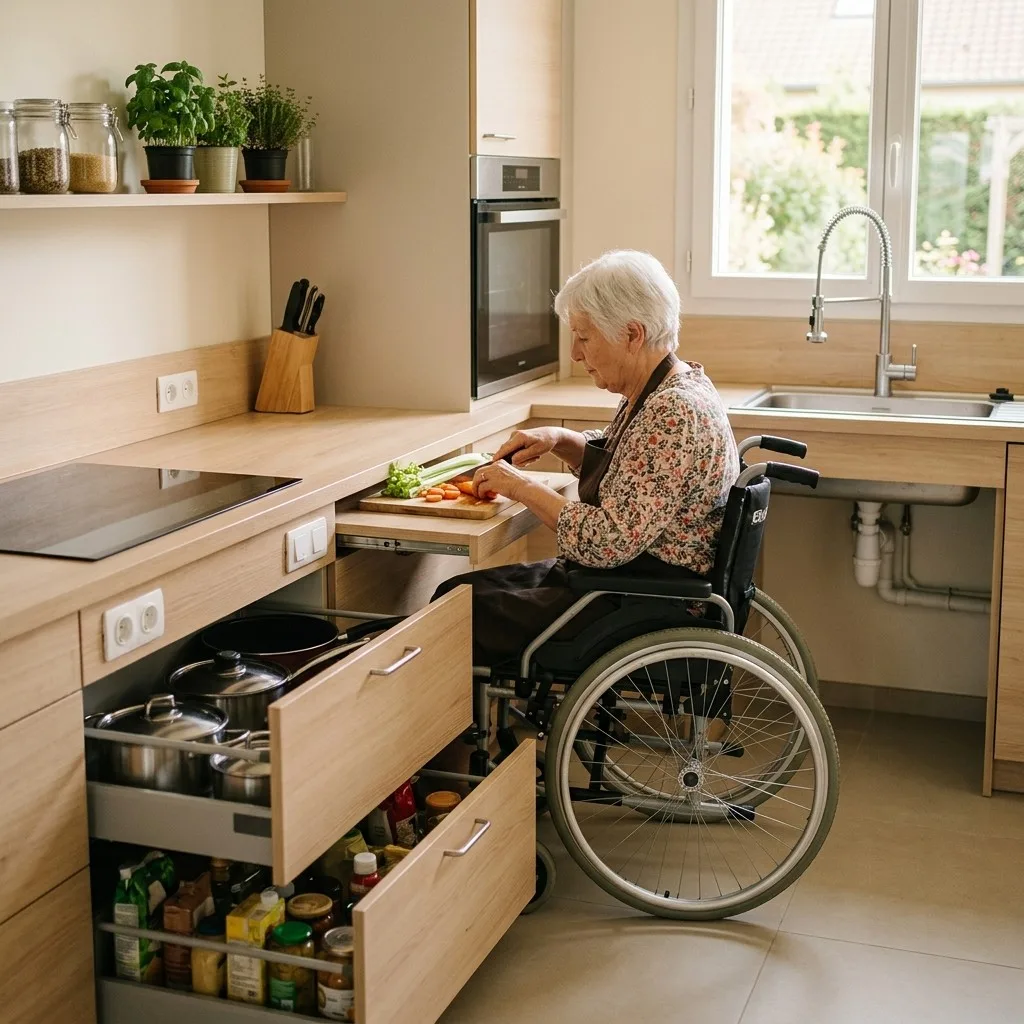 Cuisine PMR adaptée au fauteuil roulant : femme senior qui coupe des légumes sur un plan de travail abaissé, passage libre sous l'évier et rangements en tiroirs bas