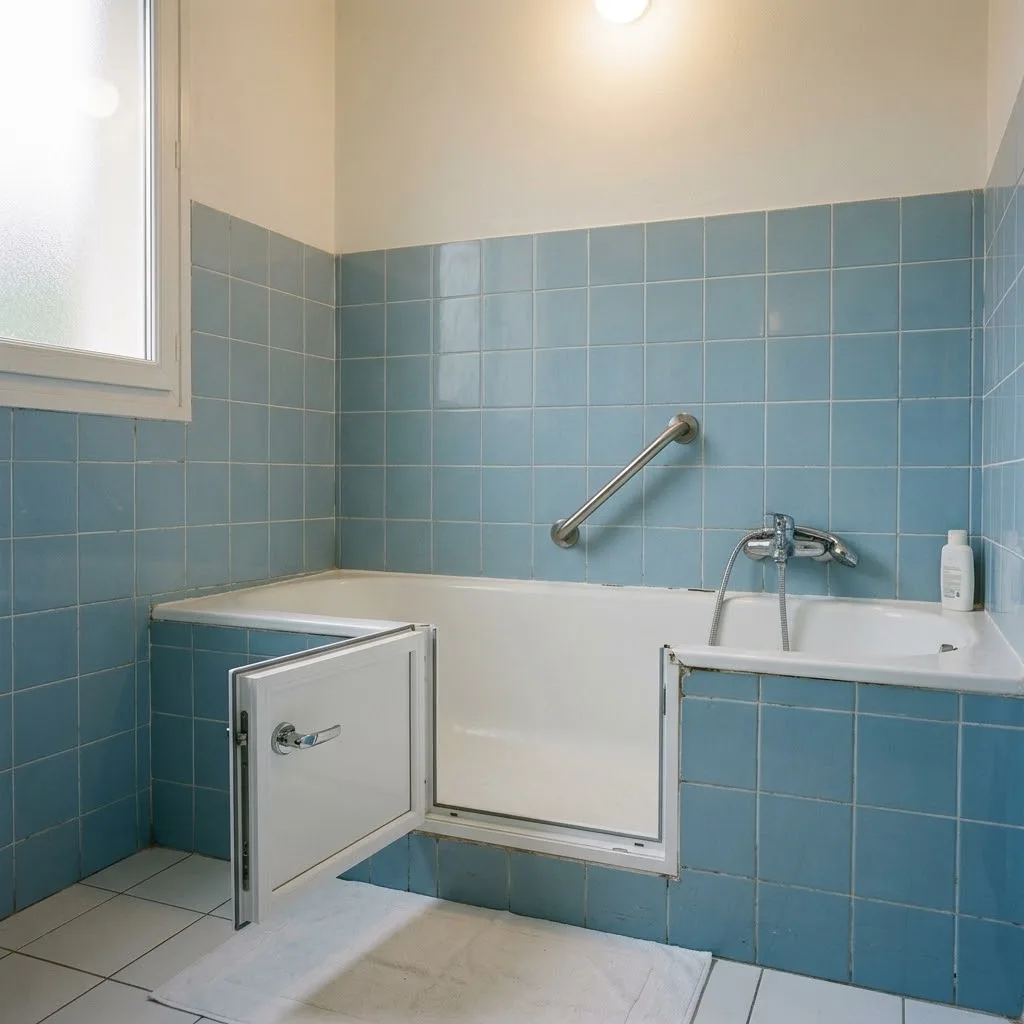 Transformer sa baignoire en baignoire à porte : une porte étanche posée dans le tablier carrelé d’une baignoire ancienne, barre d’appui neuve au mur