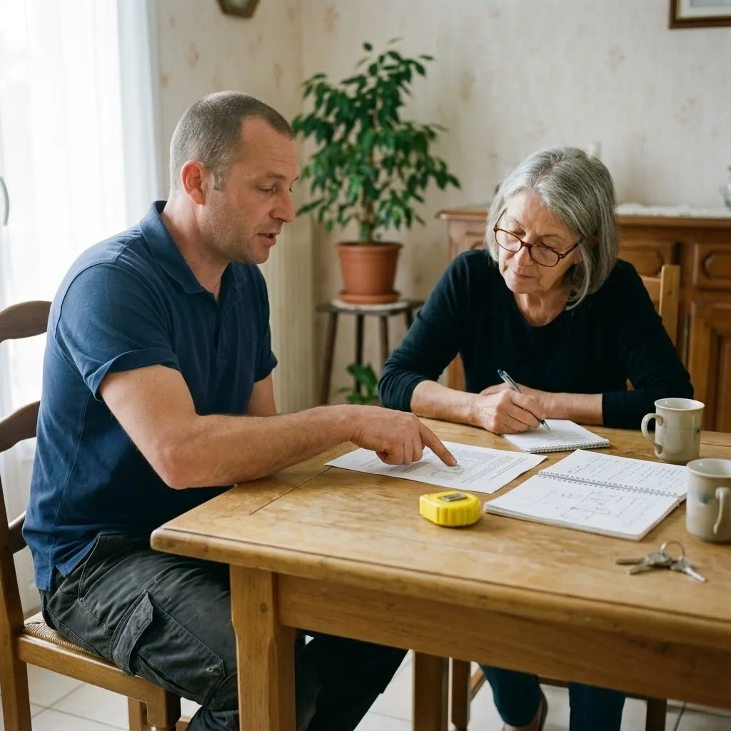 Devis d'adaptation du logement : un installateur et une cliente senior relisent le devis autour de la table