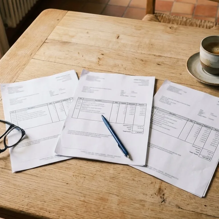 Comparer trois devis de monte-escalier : les devis imprimés côte à côte sur une table, stylo et lunettes de lecture