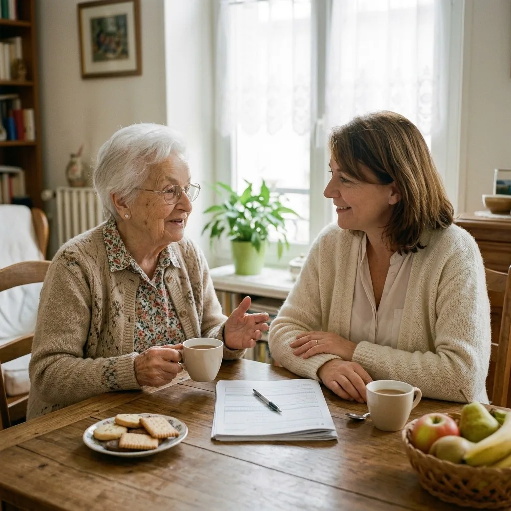 Évaluation de l'autonomie à domicile, grille AGGIR : une femme âgée raconte, l'évaluatrice assise à côté d'elle écoute en souriant, le formulaire posé sur la table