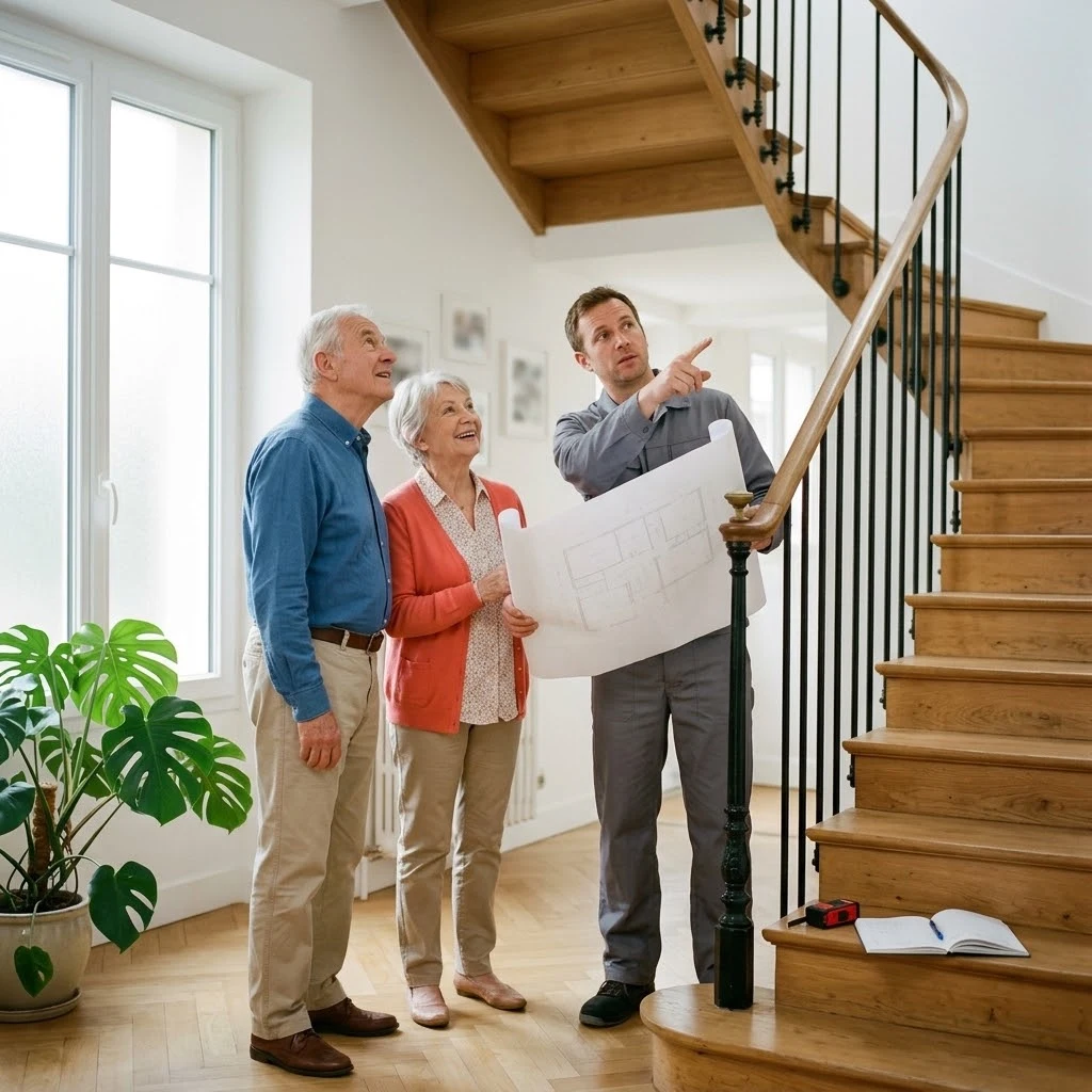 Installation d’un ascenseur privatif : un ascensoriste, plan à la main, montre à un couple âgé souriant l’emplacement de la cabine au pied de leur escalier