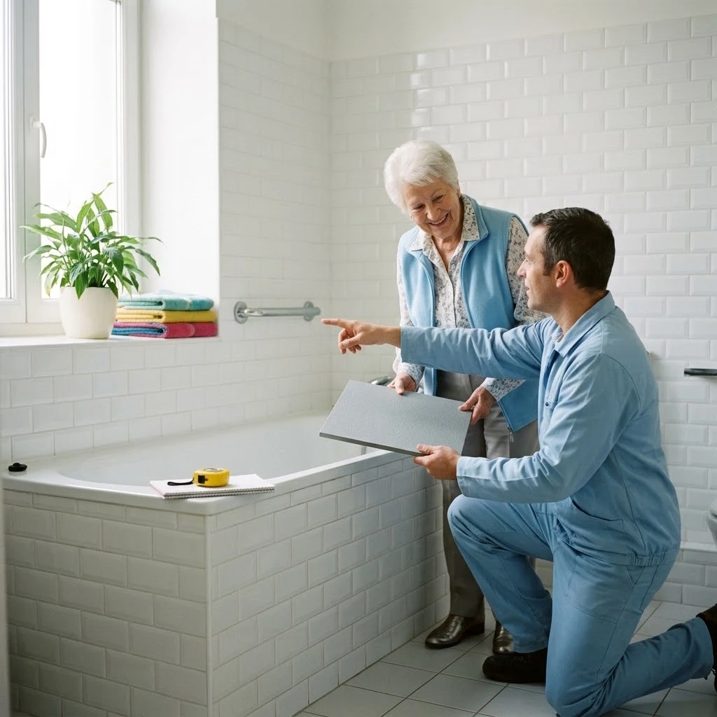 Installation d’une douche senior : l’installateur montre un receveur antidérapant à une femme âgée souriante, devant la baignoire à remplacer