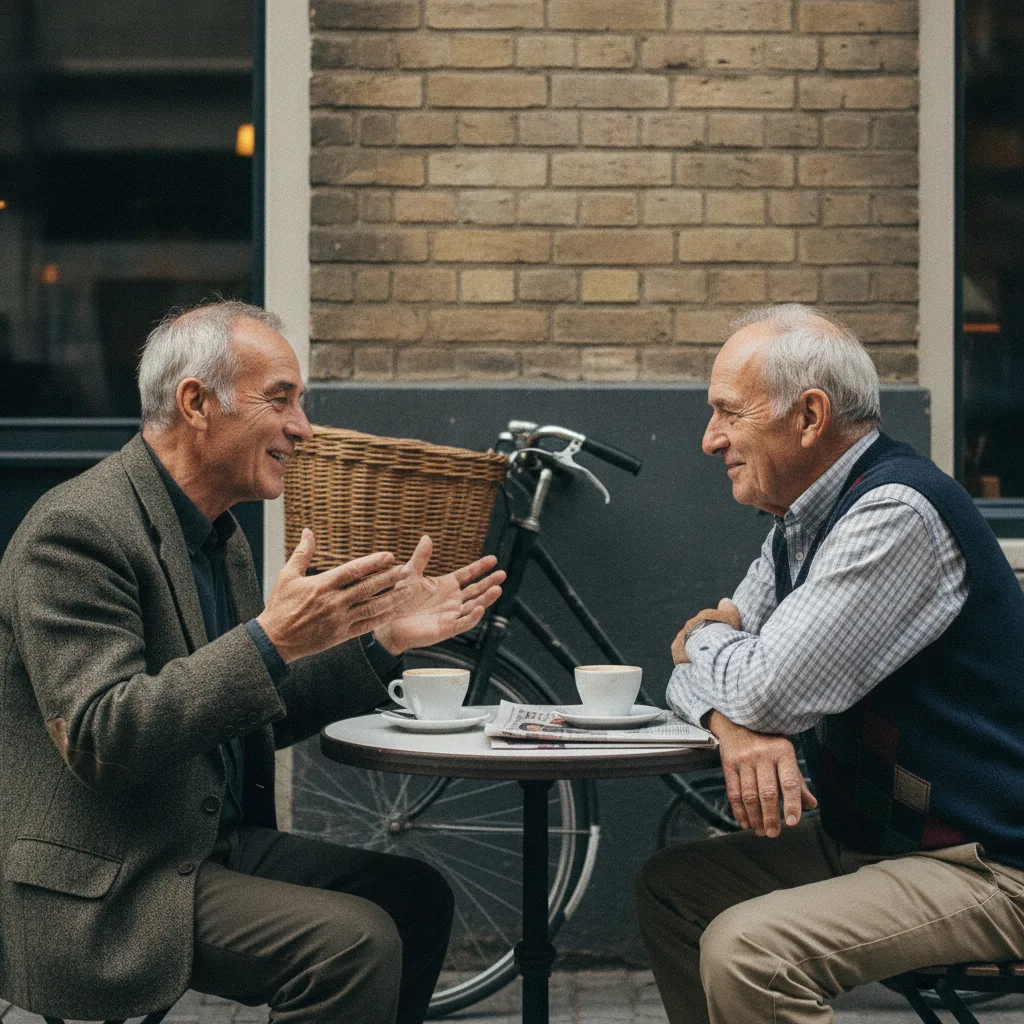 Rencontrer du monde à la retraite : deux hommes seniors prennent le café face à face et discutent