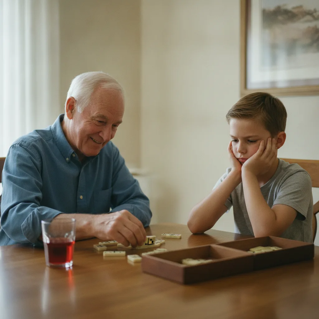 Trous de mémoire après 70 ans : un grand-père et son petit-fils jouent aux dominos à la table de la salle à manger