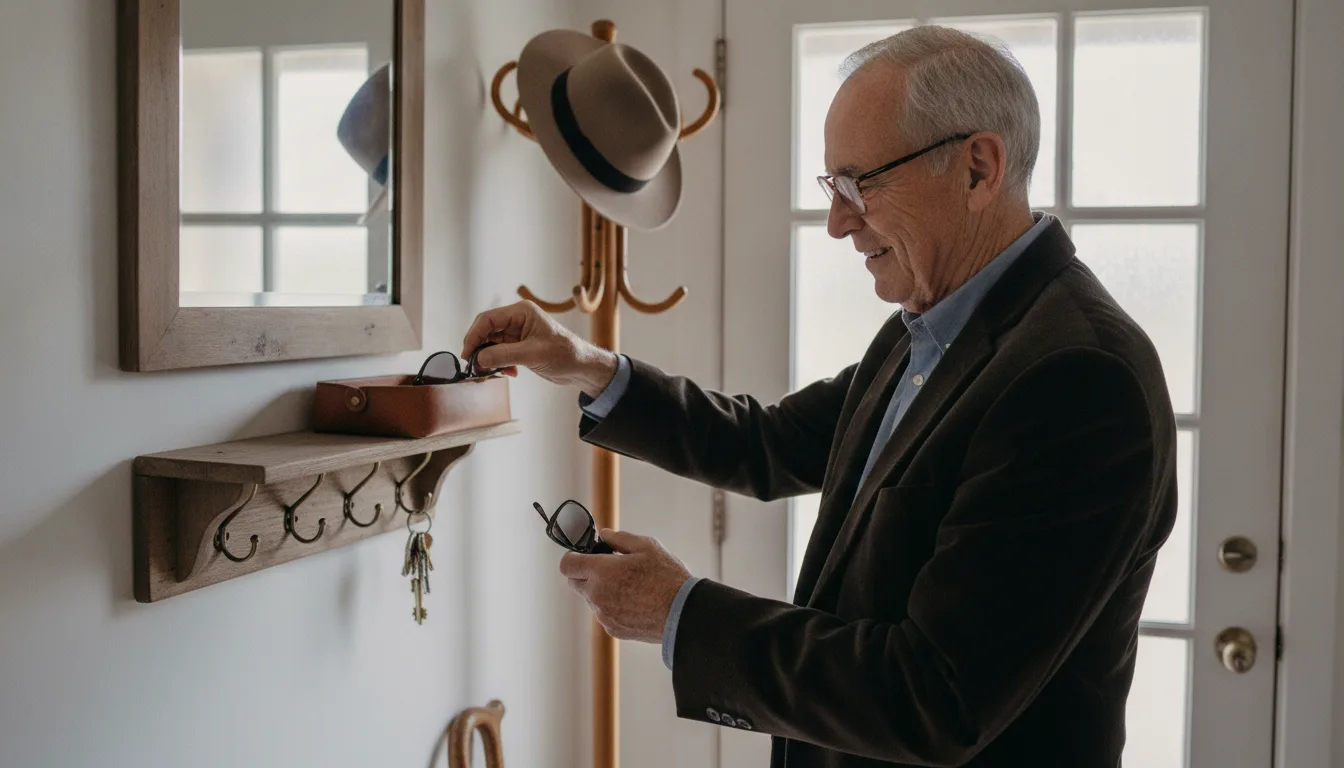 Trous de mémoire après 70 ans : un homme senior accroche ses clés à leur crochet dans l'entrée, ses lunettes dans le vide-poche