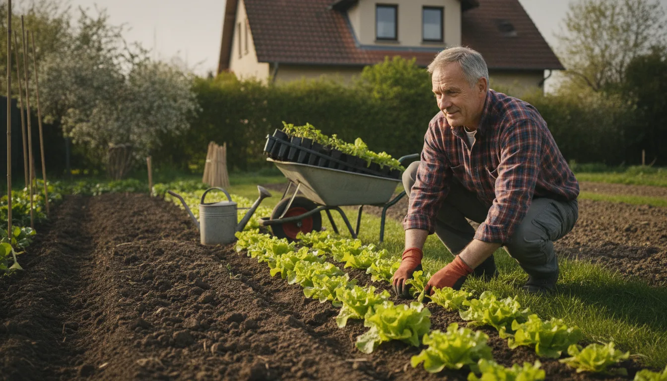 Déprime après la retraite : un homme de 65 ans repique des plants de salade au potager, une brouette de godets à côté