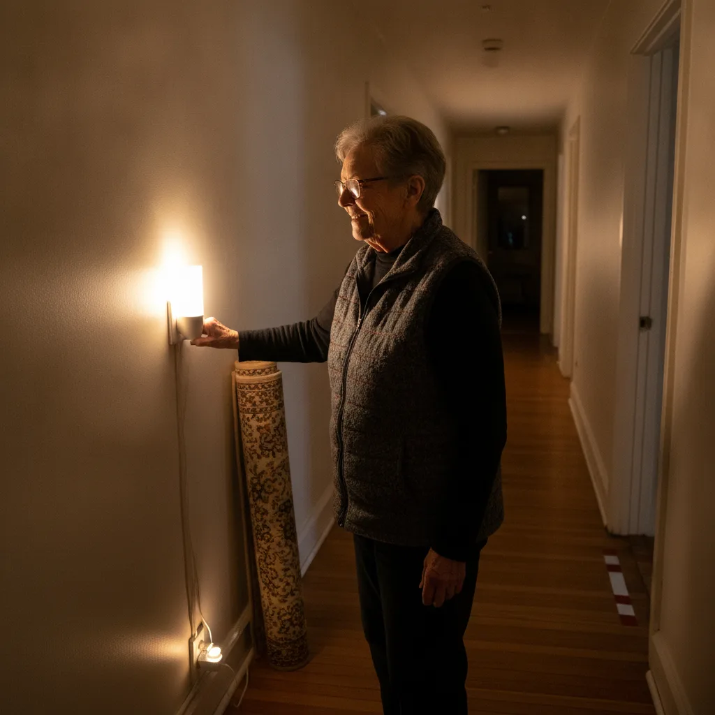 Vue qui baisse après 70 ans : une femme senior allume une nouvelle lampe murale bien lumineuse