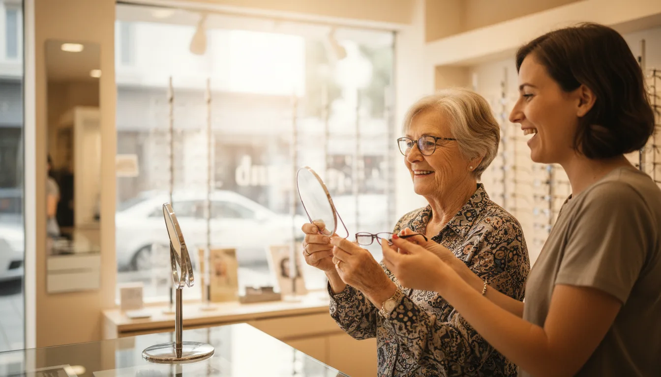 Vue qui baisse après 70 ans : une femme senior essaie des lunettes neuves devant le miroir de l'opticienne