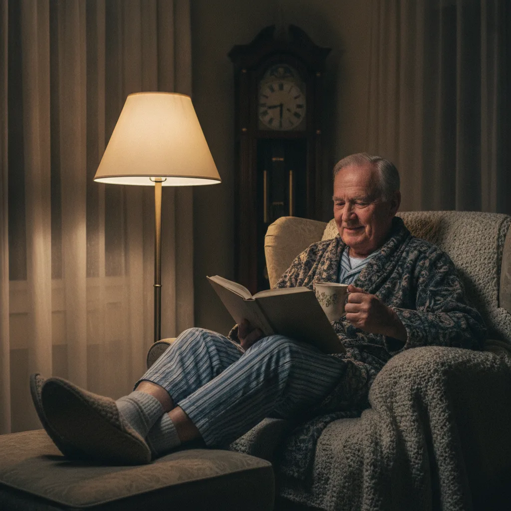 Insomnie chez la personne âgée : un homme en robe de chambre lit dans un fauteuil avec une tasse de tisane