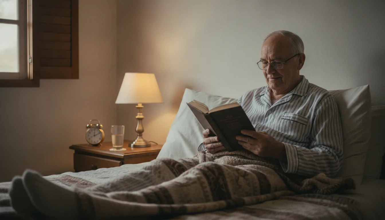 Mal dormir après 70 ans : un homme senior lit au lit, calé contre deux oreillers, un plaid sur les jambes
