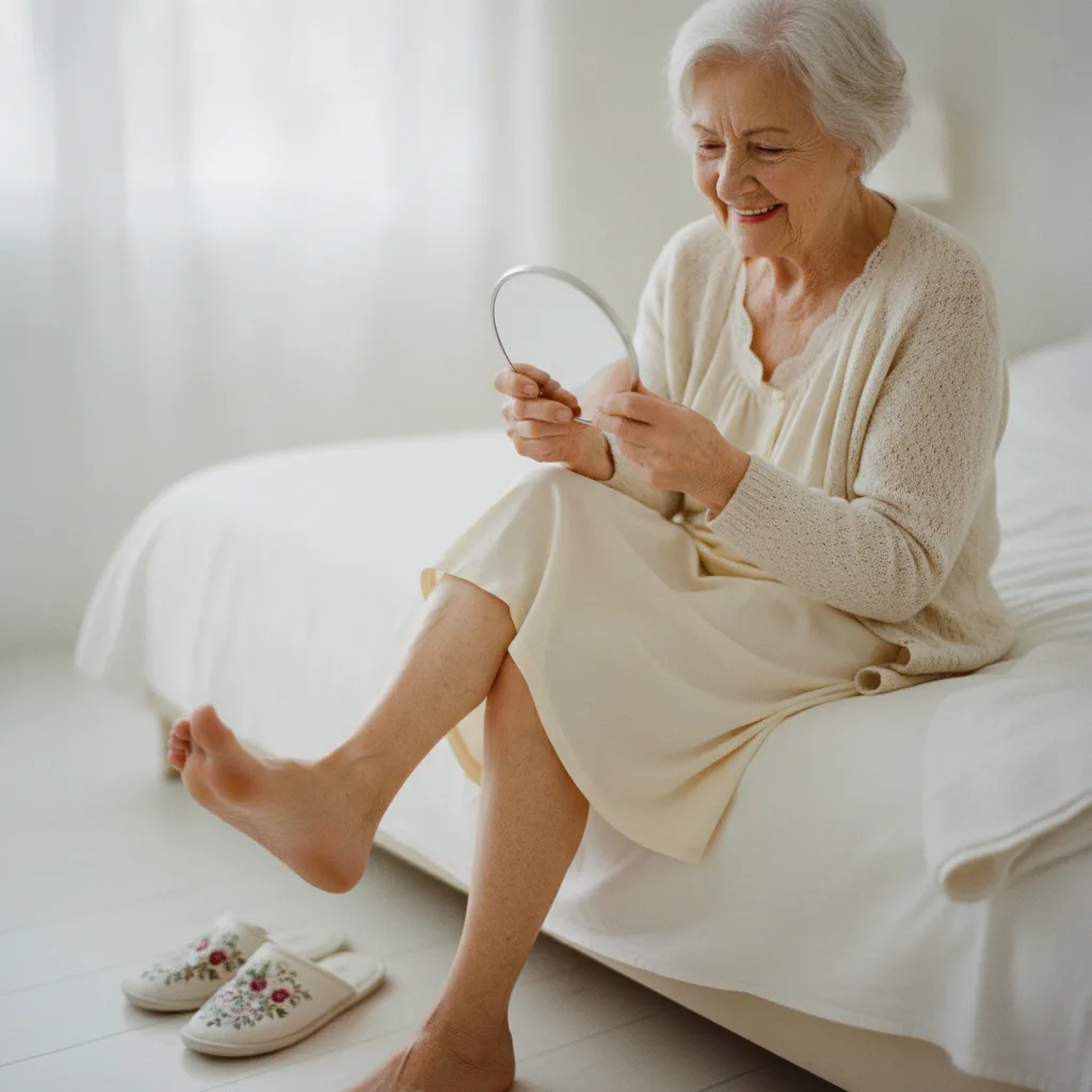 Soin des pieds personne âgée : une femme âgée examine la plante de son pied dans un miroir à main, assise au bord du lit