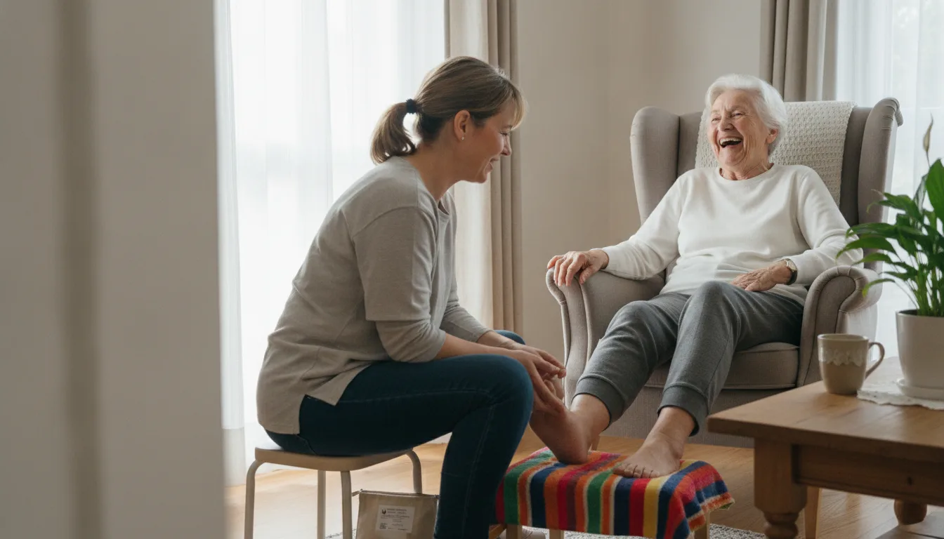 Soin des pieds après 70 ans : une pédicure tient le pied d'une femme de 80 ans posé sur une serviette