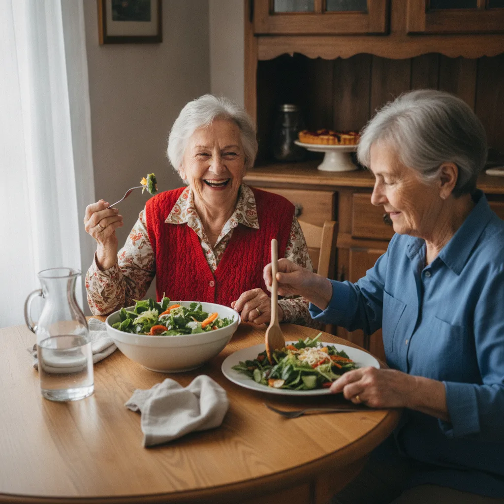 Manger seul à la retraite : deux amies seniors déjeunent ensemble, l'une ressert de la salade à l'autre