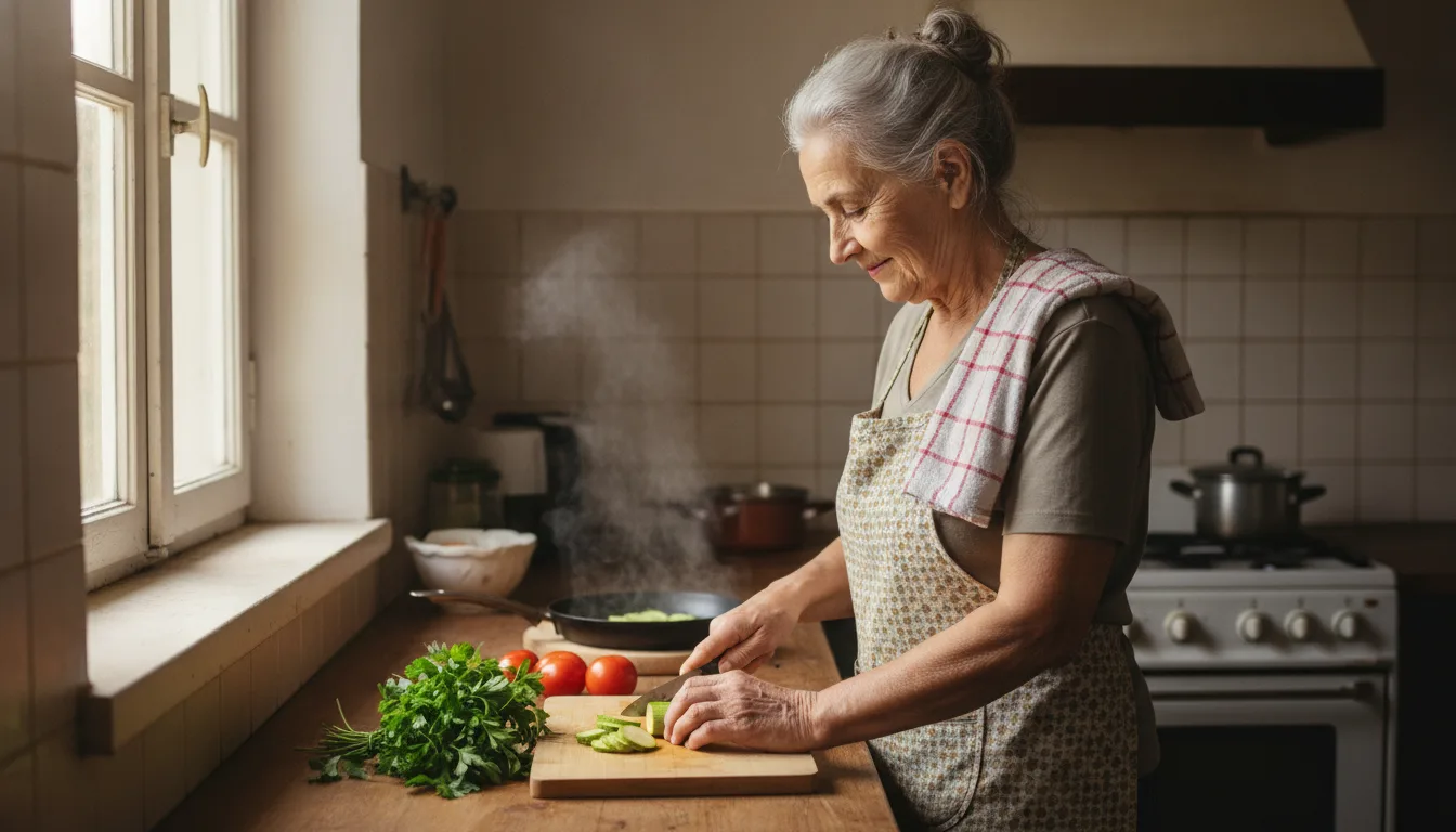 Manger seul à la retraite : une femme senior en tablier coupe des courgettes sur une planche en bois