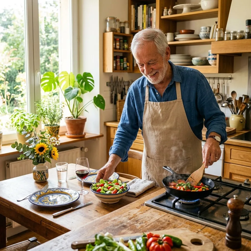 Manger seul à la retraite : une femme senior prépare un vrai repas dans sa cuisine, légumes sur la planche