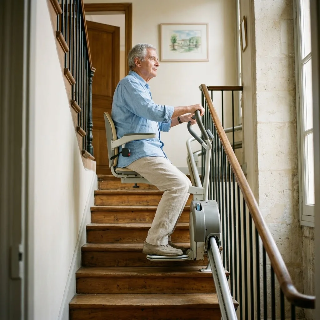 Monte-escalier assis-debout pour senior sur un escalier étroit, selle haute et genoux peu pliés